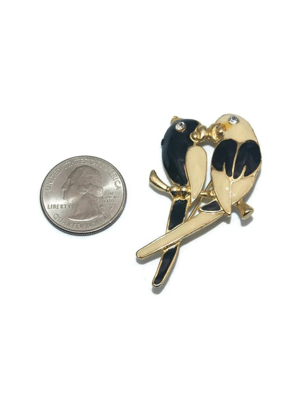 Vintage Gold Tone Love Birds Brooch, Clear Rhinestones and Black & White Enamel.